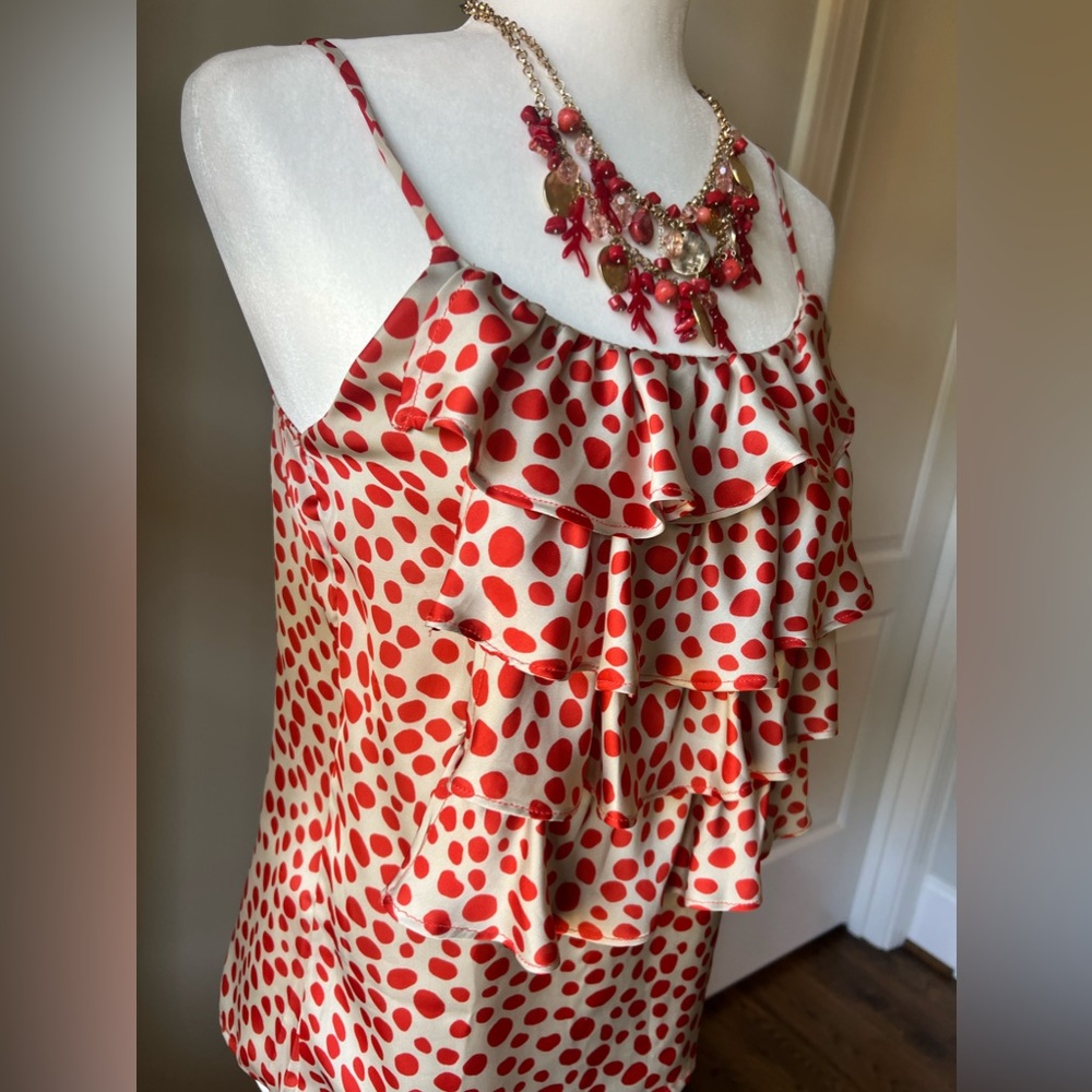 Spaghetti Strap Dot Pattern Silky Ruffle Tank - Picture 2 of 3